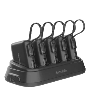 Moxedo Combo 5x10000mAh Powerbank with charging dock, 20W PD fast charging, and built-in Type-C cable in black, available in Qatar. Moxedo Combo 5x10000mAh Powerbank with charging dock, 20W PD fast charging, and built-in Type-C cable in black, available in Qatar.